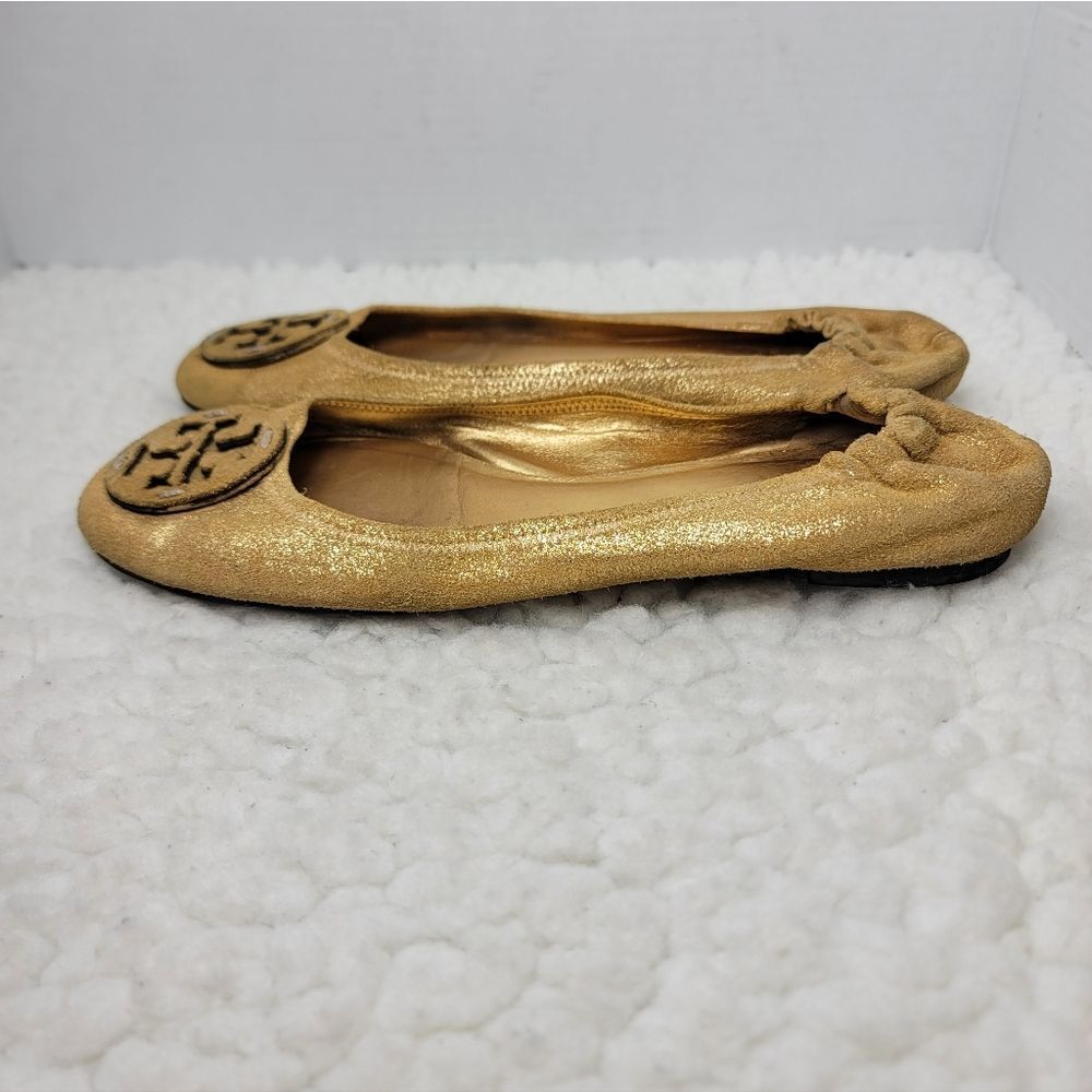 Tory Burch Reva Ballet Flats Women’s 10.5 Gold Metallic Leather Logo Shoes - Picture 4 of 13